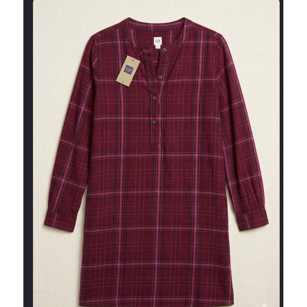 Gap Womens Plaid Henley Shift Dress Burgundy Pink Long Sleeve Mini Flannel Small